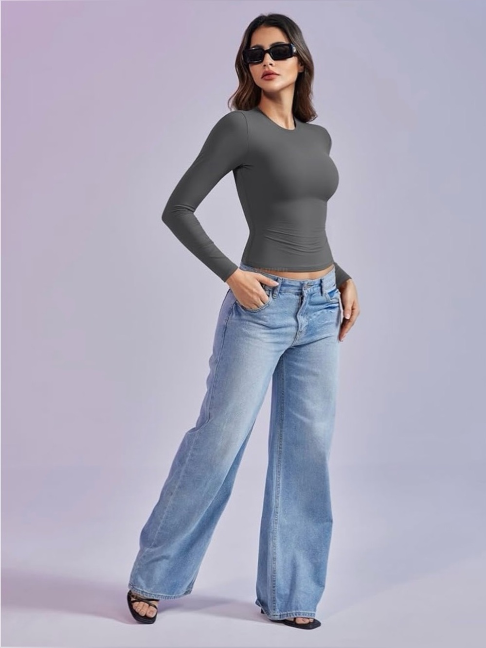 Women's Dark Grey Long Sleeve Crew Neck Top - Spandex and Polyester Top